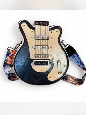 Black Guitar-Shaped Crossbody Bag with Printed Strap